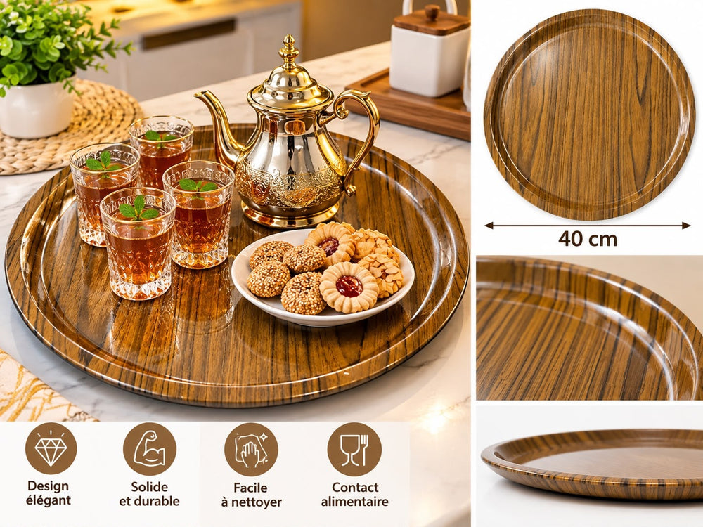 صينية تقديم دائرية كبيرة بنية بتصميم خشبي أنيق قطر 43 سم