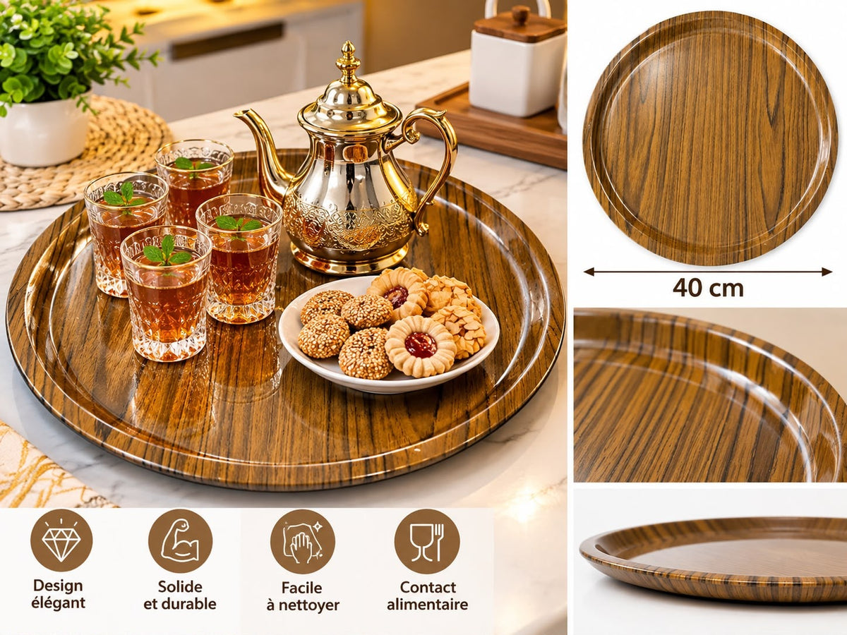 صينية تقديم دائرية كبيرة بنية بتصميم خشبي أنيق قطر 43 سم