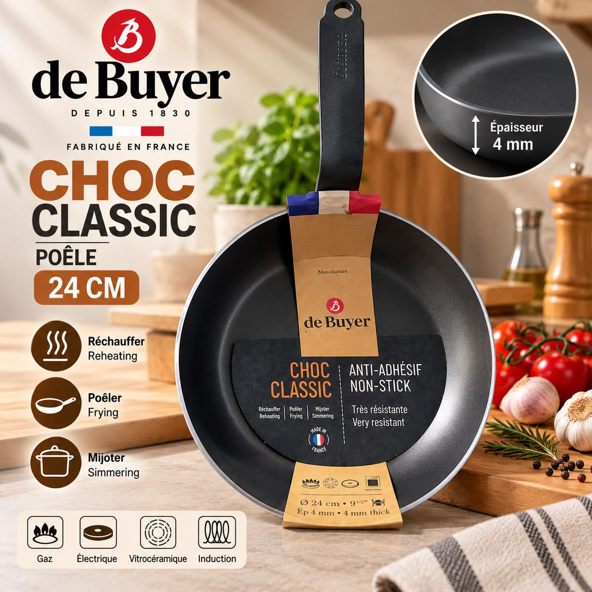 مقلاة غير لاصقة من الألومنيوم de Buyer CHOC Classic مقاس 24 سم – صناعة فرنسية
