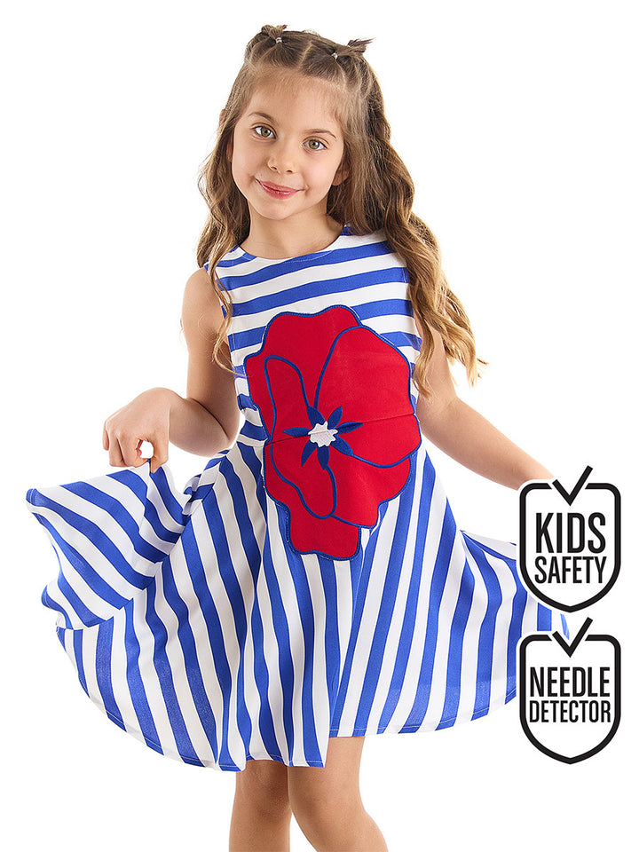 Robe Fille Rayée avec Appliqué Fleur Coquelicot – Robe Élégante et Légère