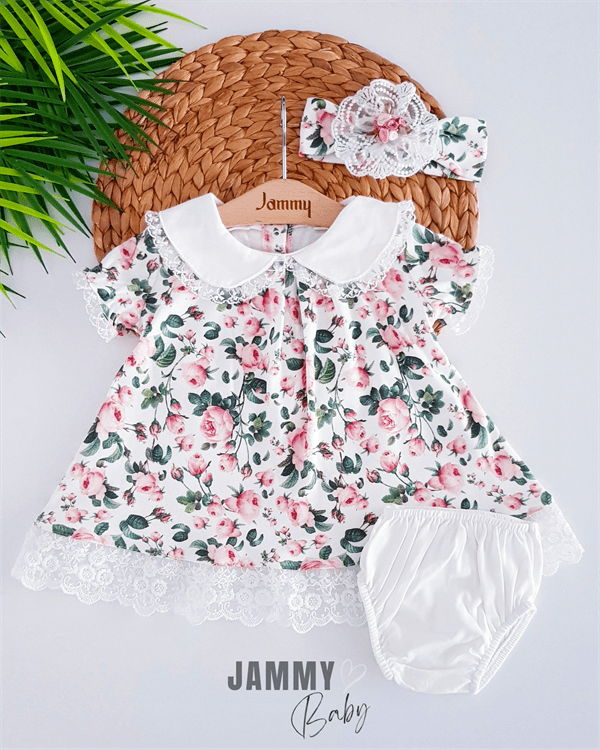 Ensemble Robe Fille avec Collant & Bandana Imprimé Rose – 100 % Coton
