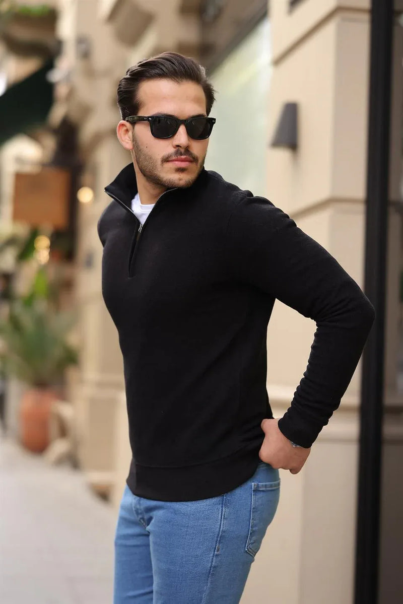 Sweatshirt pour Homme en Tricot Selanik avec Demi-Fermeture Éclair