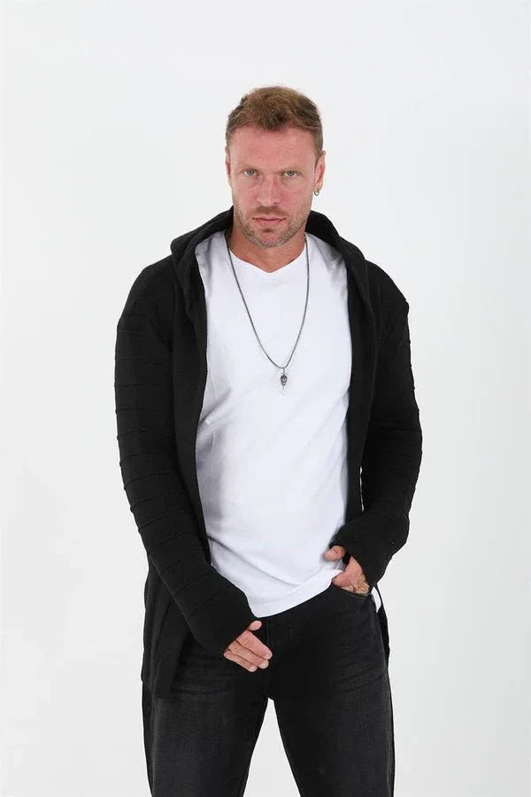 Poncho cardigan homme uni en maille avec capuche - Justyol