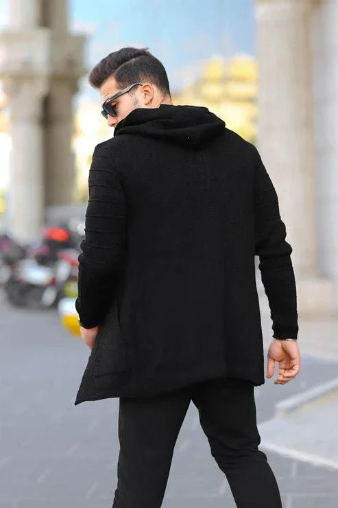 Poncho cardigan homme uni en maille avec capuche - Justyol