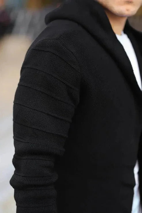 Poncho cardigan homme uni en maille avec capuche - Justyol