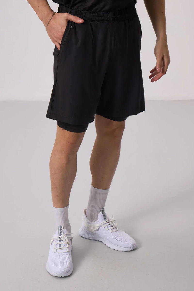 Short pour homme en polyester doux avec taille élastique et insert en leggings - 81287