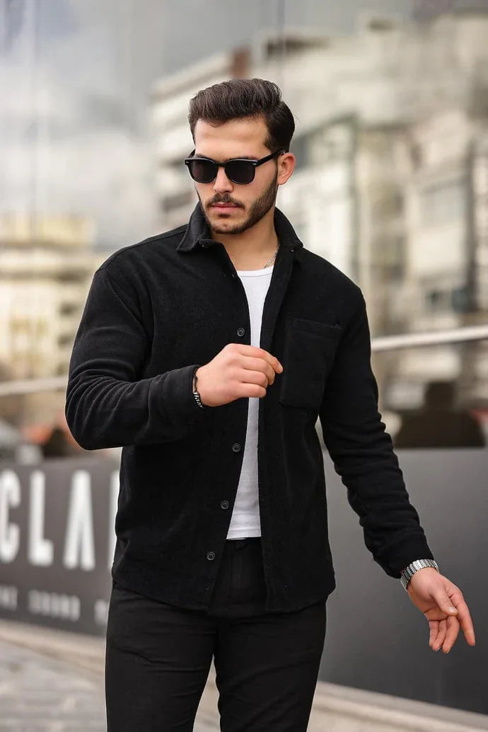 chemise polaire homme noire à poche coton - Justyol
