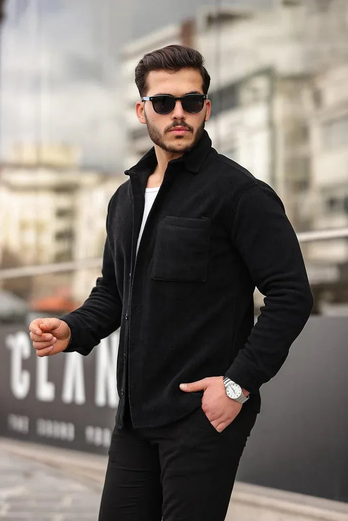 chemise polaire homme noire à poche coton - Justyol