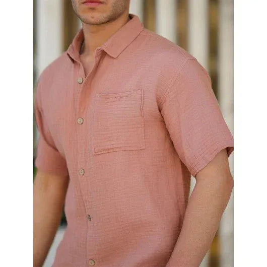 Chemise homme en mousseline rose manches courtes avec poche - Justyol