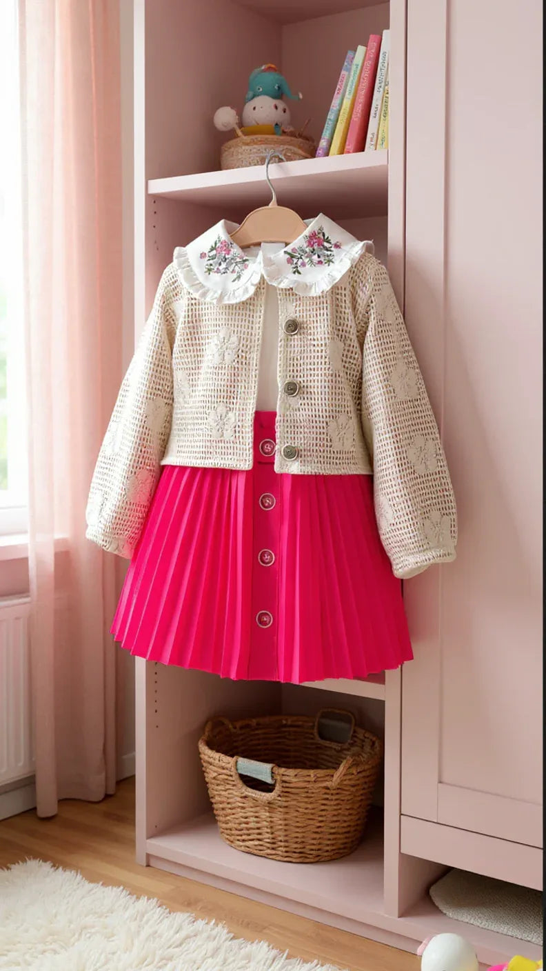 Tenue Élégante 3 Pièces pour Fille - Jupe Chic, Blouse Blanche et Veste Tricotée