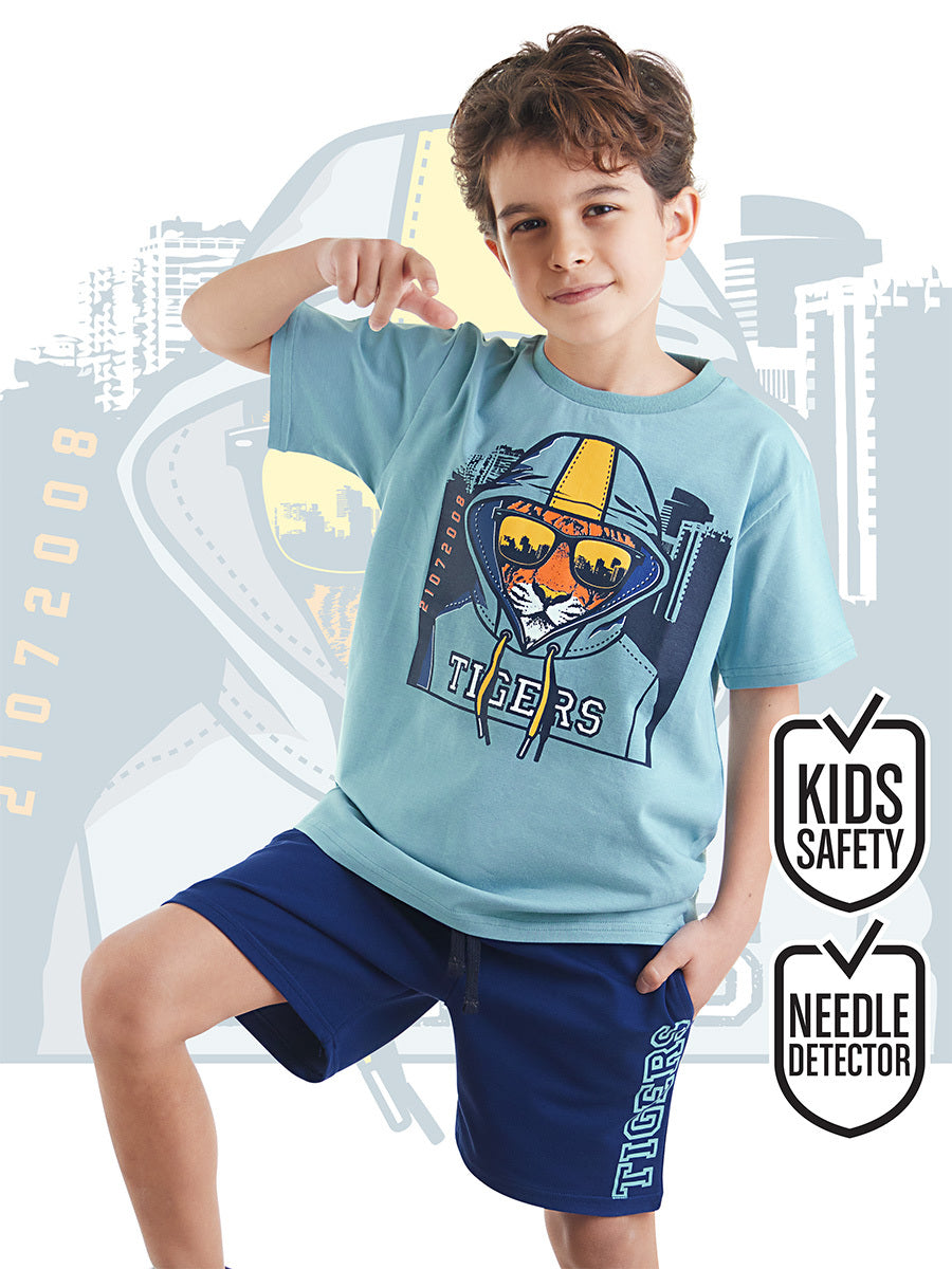 Ensemble garçon 2 pièces t-shirt imprimé tigre et short – Confort et style urbain
