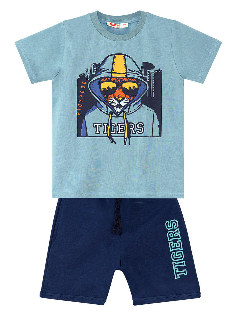 Ensemble garçon 2 pièces t-shirt imprimé tigre et short – Confort et style urbain