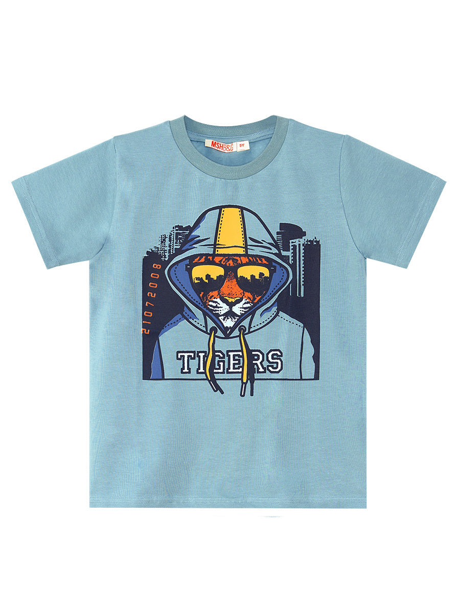 Ensemble garçon 2 pièces t-shirt imprimé tigre et short – Confort et style urbain