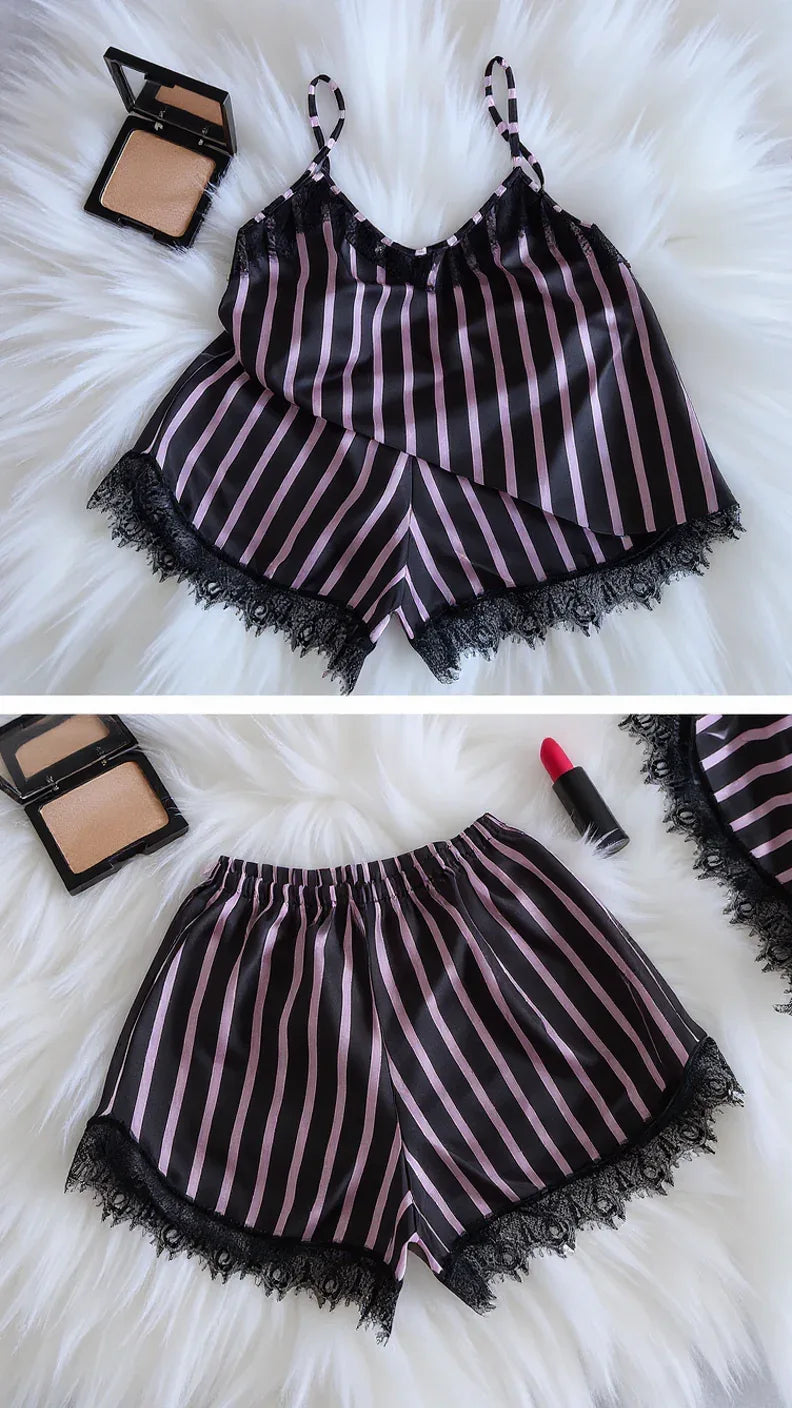 Ensemble de nuit satin rayé avec dentelle élégante - Justyol