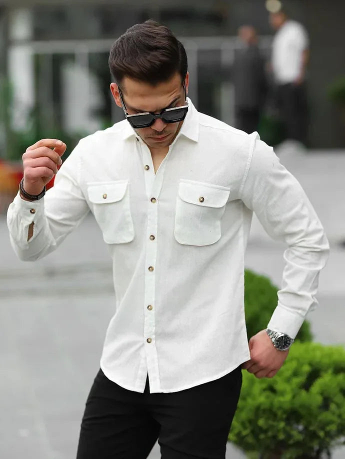 Chemise homme en tissu Şile avec poches utilitaires-31747 - Justyol
