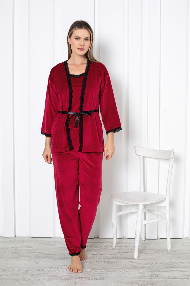 Ensemble Pyjama 3 Pièces Femme en Velours avec Peignoir Dentelle