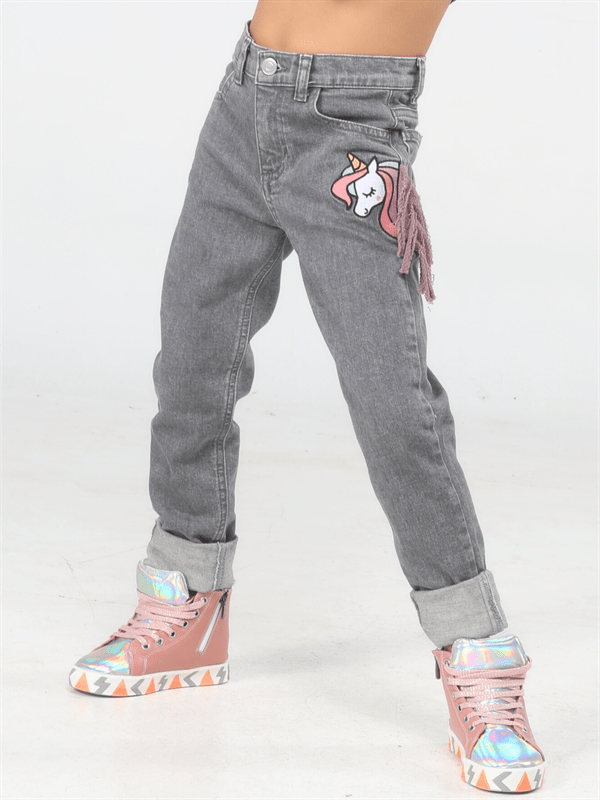 Jean Enfant Gris Délavé Élastique avec Broderie Licorne 3D