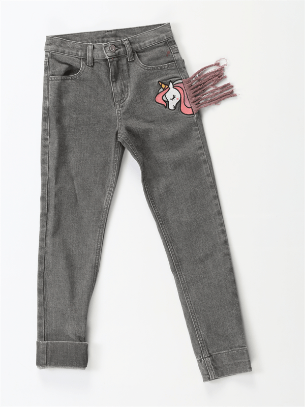 Jean Enfant Gris Délavé Élastique avec Broderie Licorne 3D