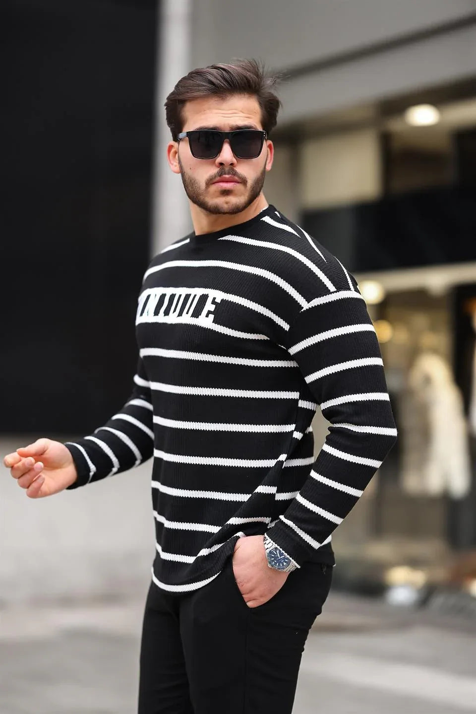 Sweatshirt homme rayé avec imprimé Unique - Justyol