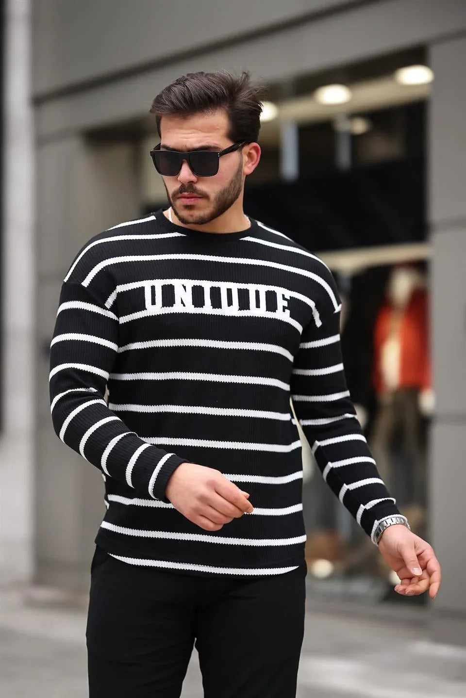 Sweatshirt homme rayé avec imprimé Unique - Justyol