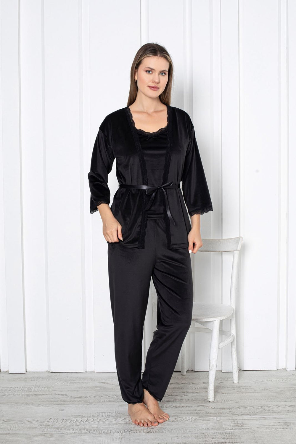 Ensemble Pyjama 3 Pièces Femme en Velours avec Peignoir Dentelle