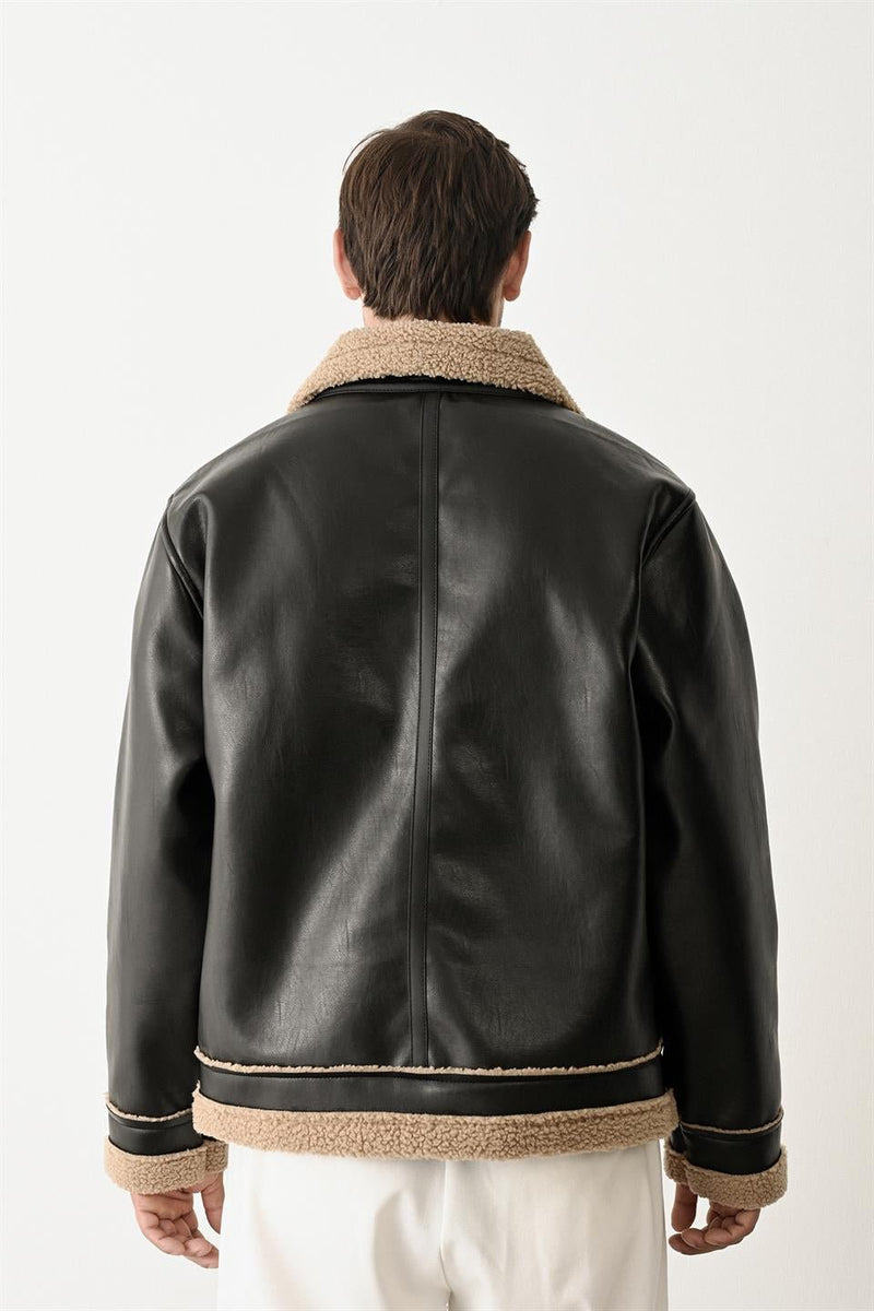 Veste Homme Effet Cuir avec Doublure Sherpa