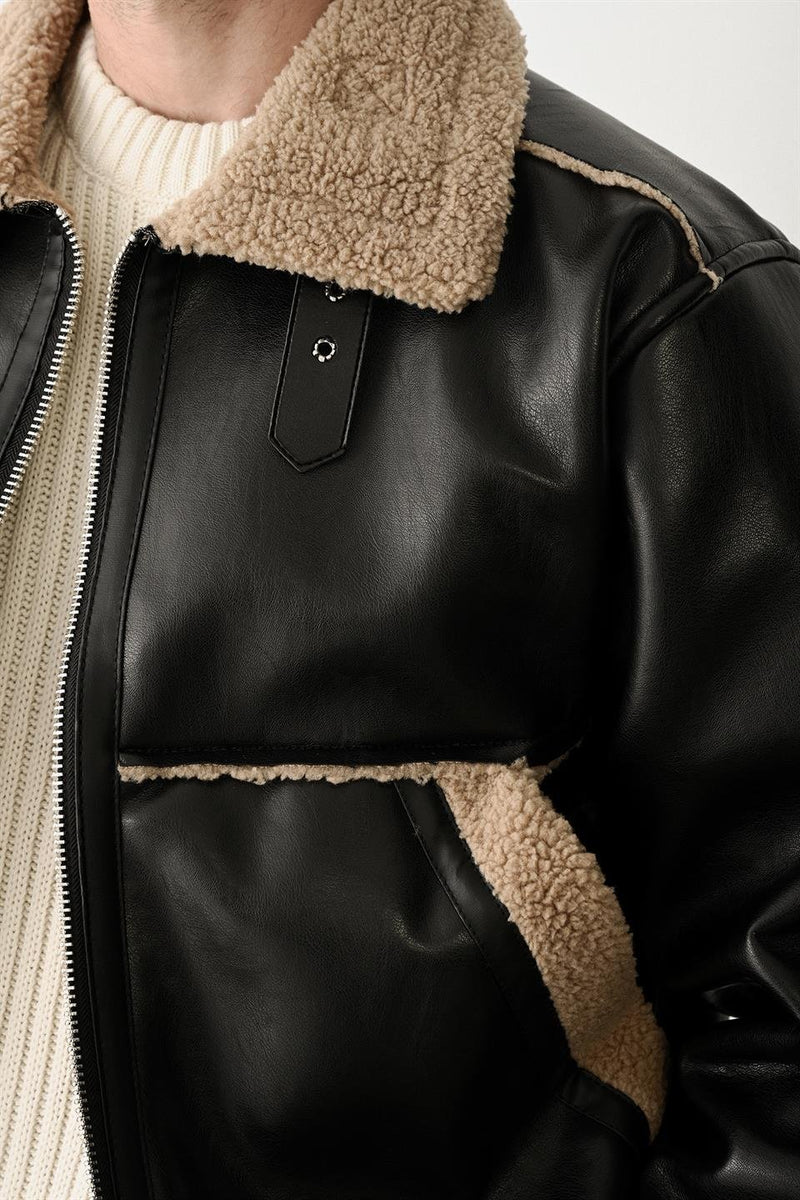 Veste Homme Effet Cuir avec Doublure Sherpa