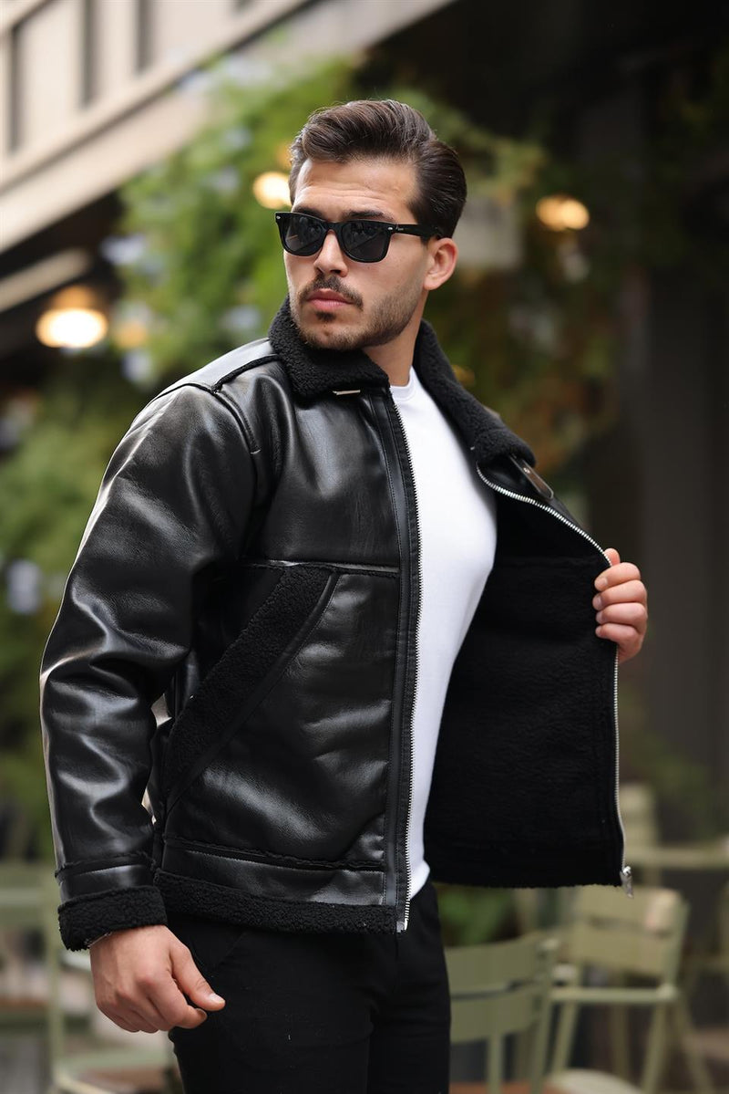 Veste Homme Effet Cuir avec Doublure Sherpa