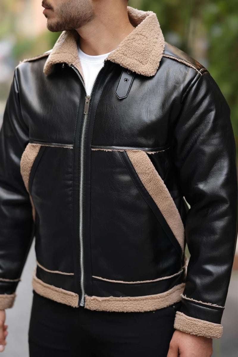 Veste Homme Effet Cuir avec Doublure Sherpa