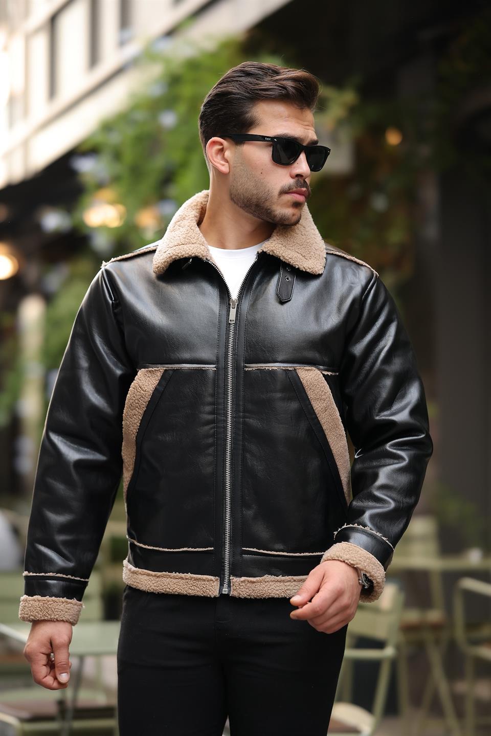 Veste Homme Effet Cuir avec Doublure Sherpa
