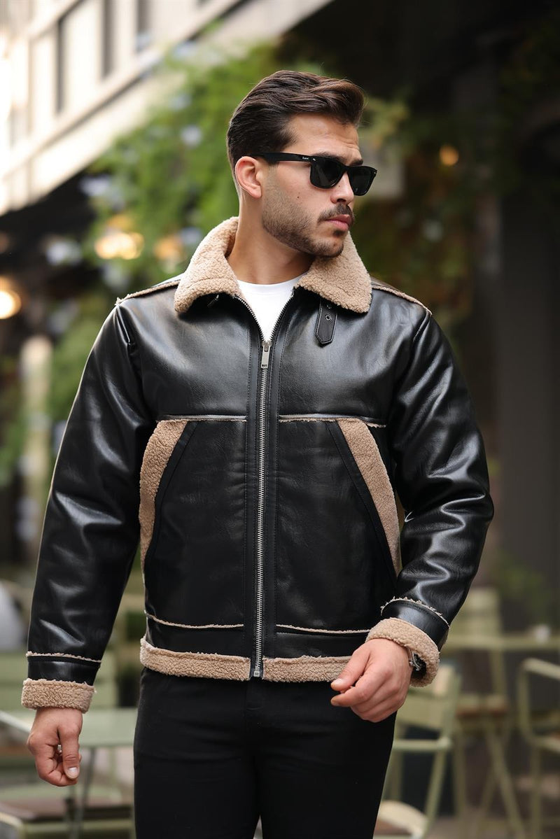 Veste Homme Effet Cuir avec Doublure Sherpa