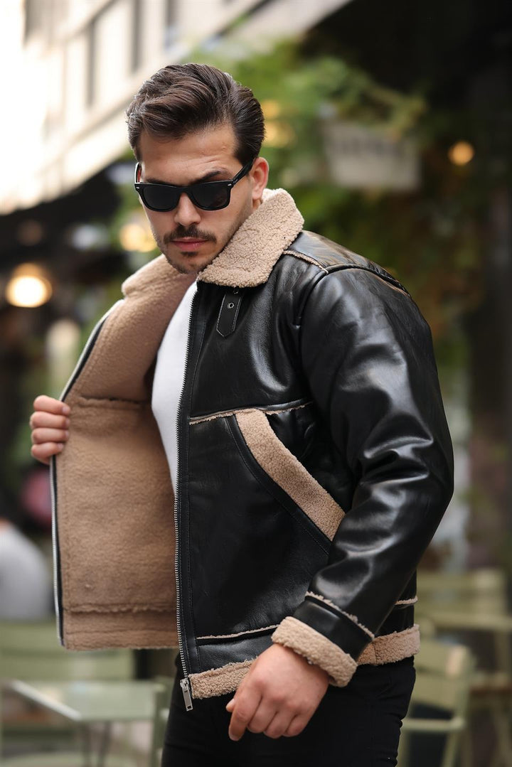 Veste Homme Effet Cuir avec Doublure Sherpa
