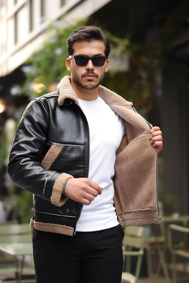 Veste Homme Effet Cuir avec Doublure Sherpa