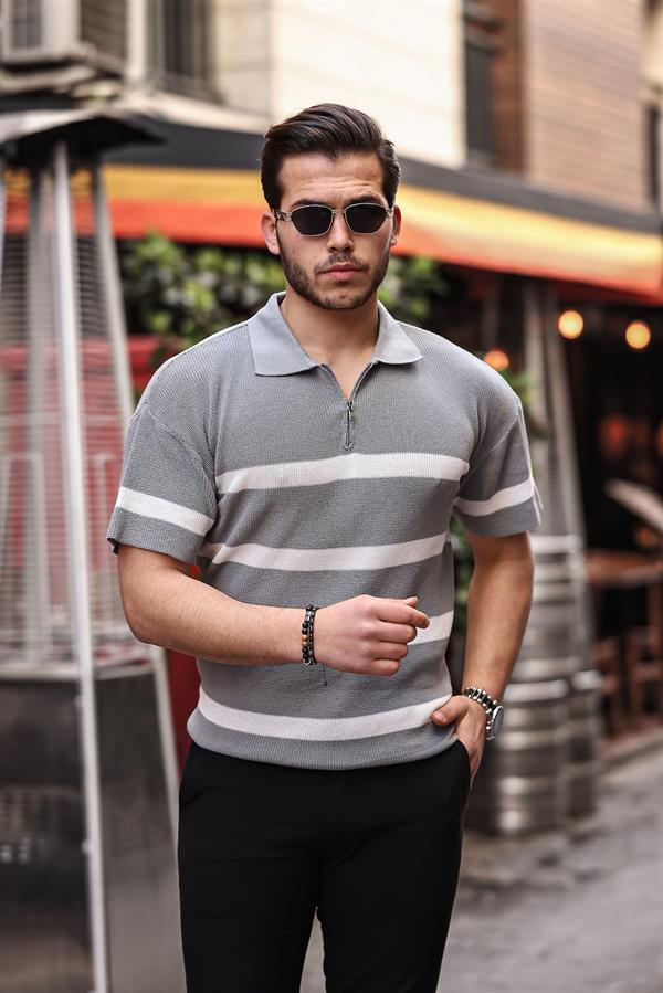t‑shirt homme tricot oversize à demi‑zip rayé - Justyol