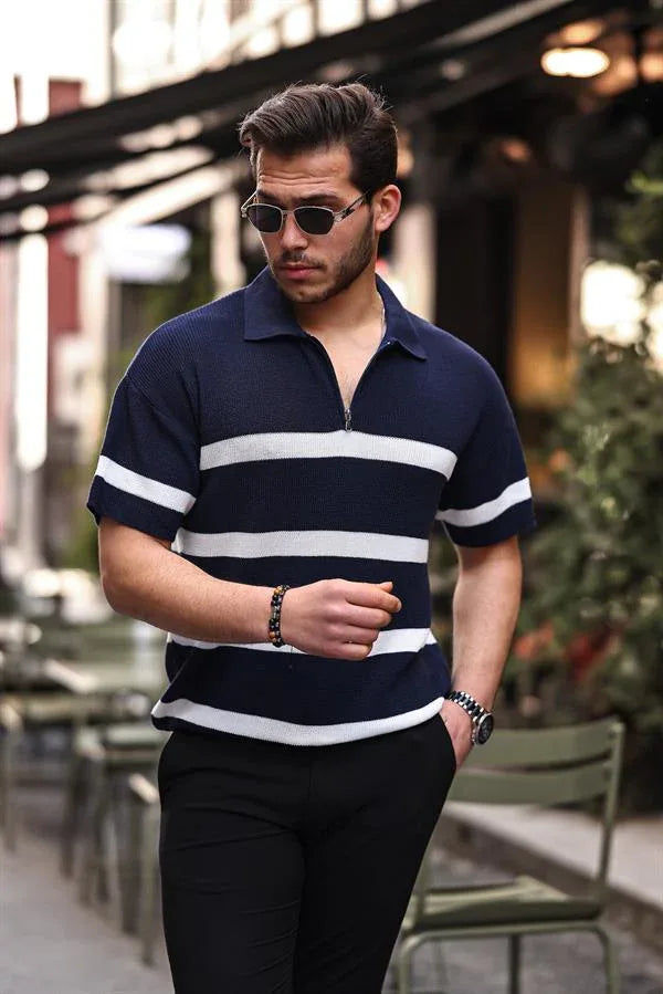 t‑shirt homme tricot oversize à demi‑zip rayé - Justyol