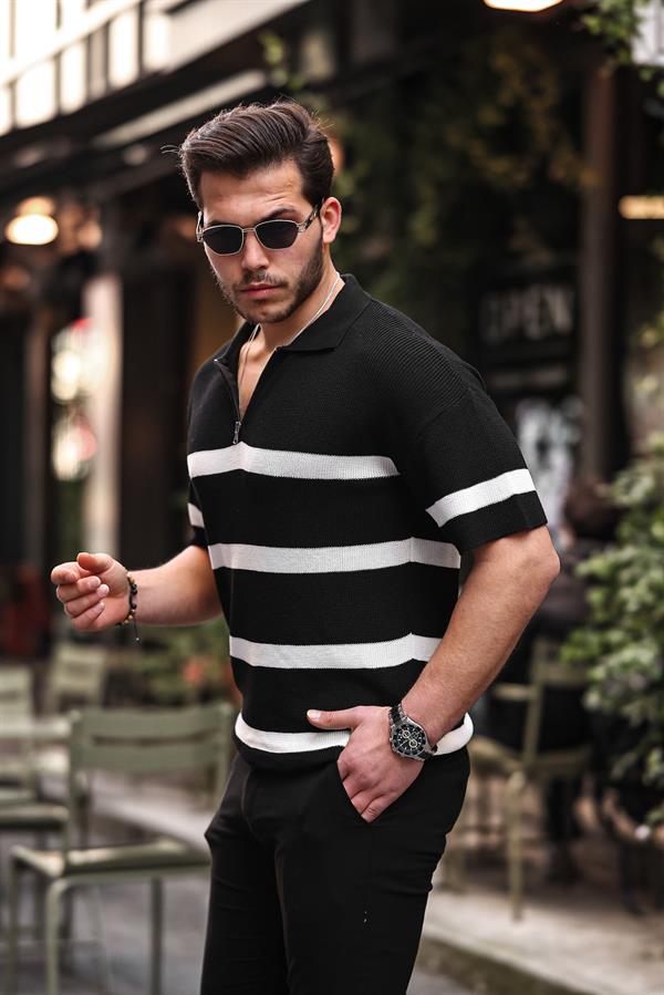 Polo Homme en Maille Oversize à Demi-Zip et Motif Rayé