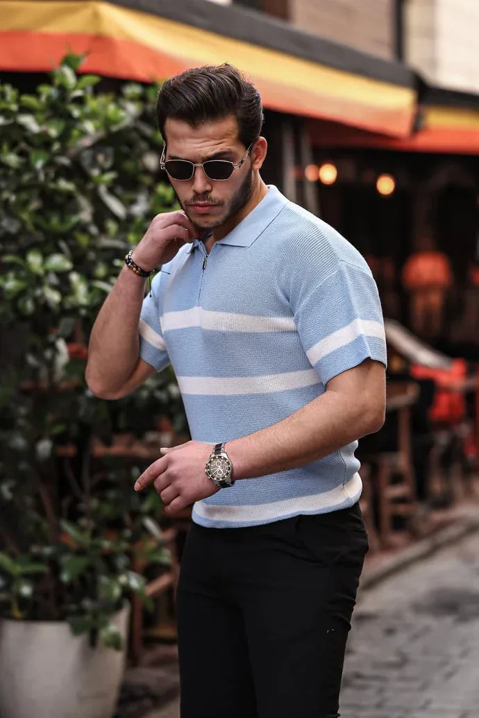 t‑shirt homme tricot oversize à demi‑zip rayé - Justyol