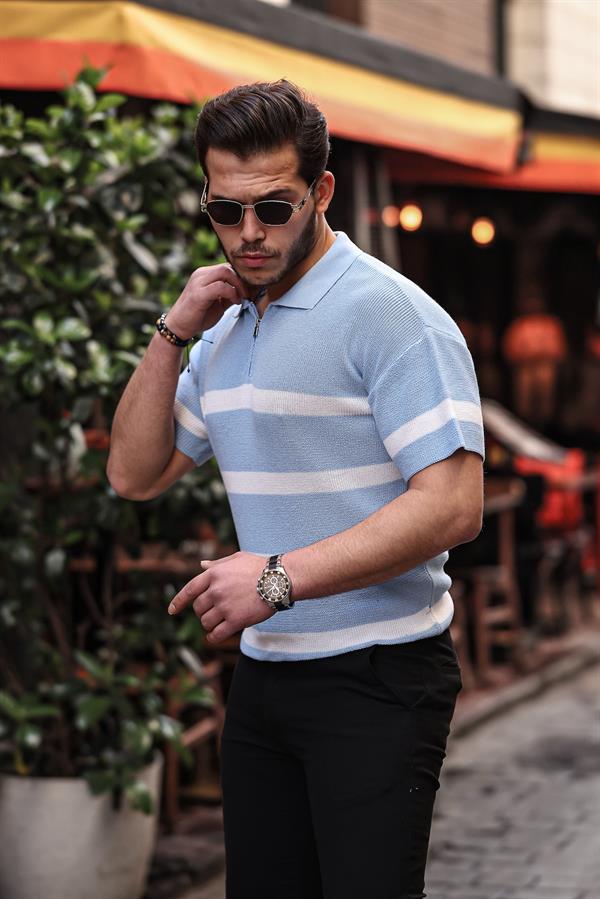 Polo Homme en Maille Oversize à Demi-Zip et Rayures Modernes