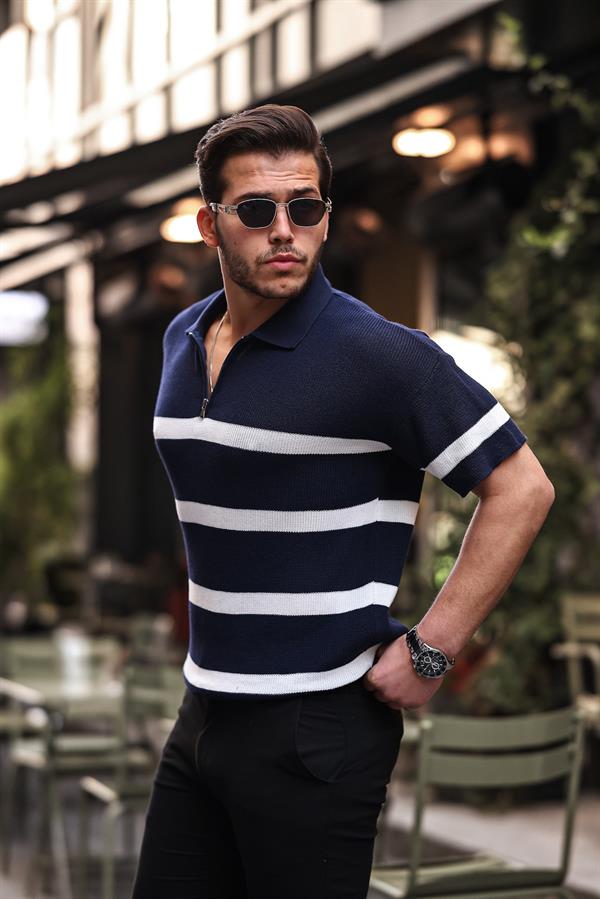 yarim fermuar çizgili oversize triko t - Justyol