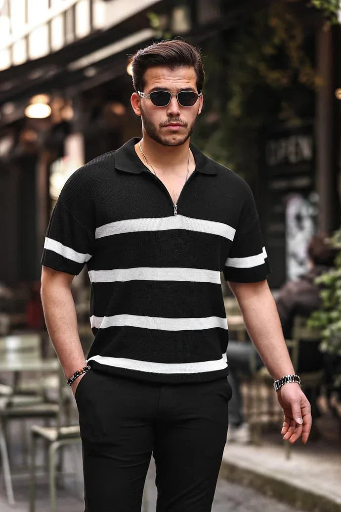 t‑shirt homme tricot oversize à demi‑zip rayé - Justyol