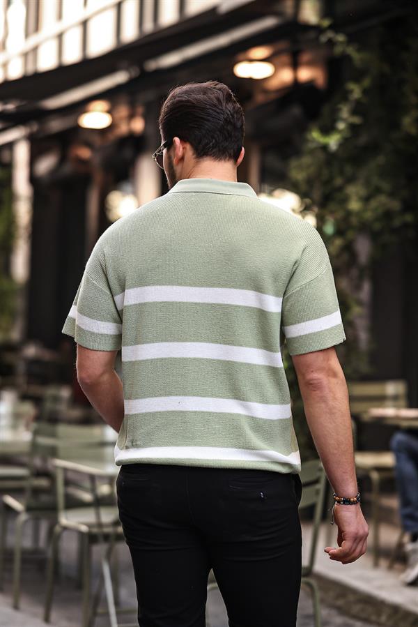 Polo Homme en Maille Oversize à Demi-Zip et Rayures Modernes