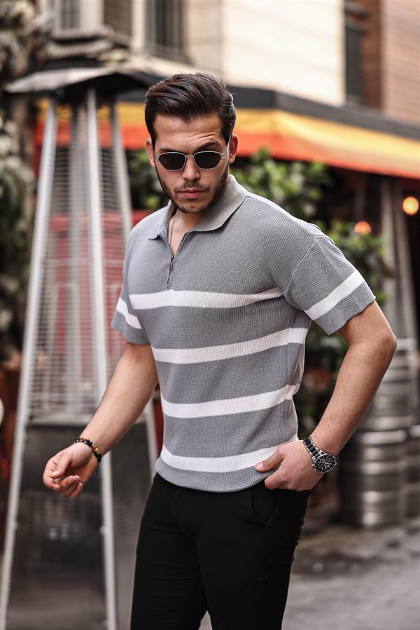 yarim fermuar çizgili oversize triko t - Justyol