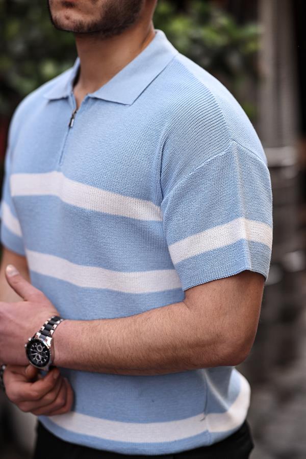 yarim fermuar çizgili oversize triko t-shirt - Justyol