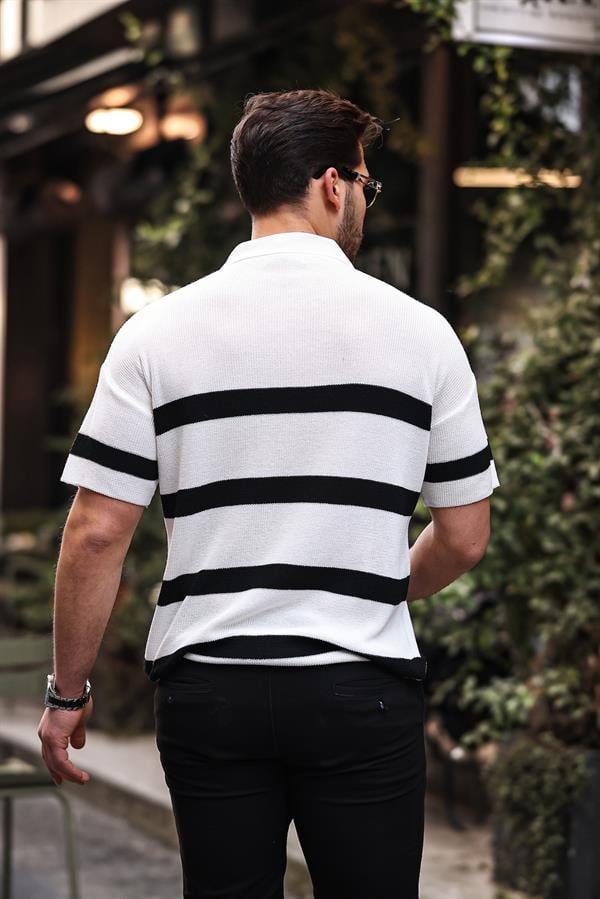 Polo Homme en Maille Oversize à Demi-Zip et Motif Rayé