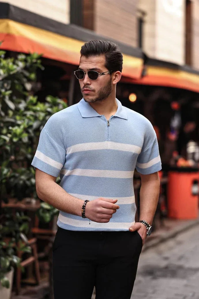 t‑shirt homme tricot oversize à demi‑zip rayé