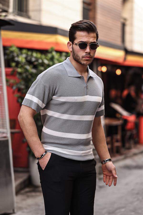 yarim fermuar çizgili oversize triko t - Justyol