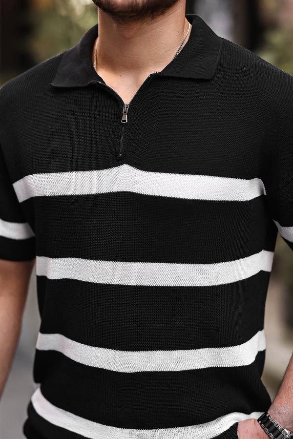 Polo Homme en Maille Oversize à Demi-Zip et Motif Rayé