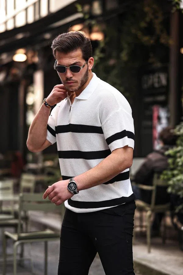 t‑shirt homme tricot oversize à demi‑zip rayé - Justyol