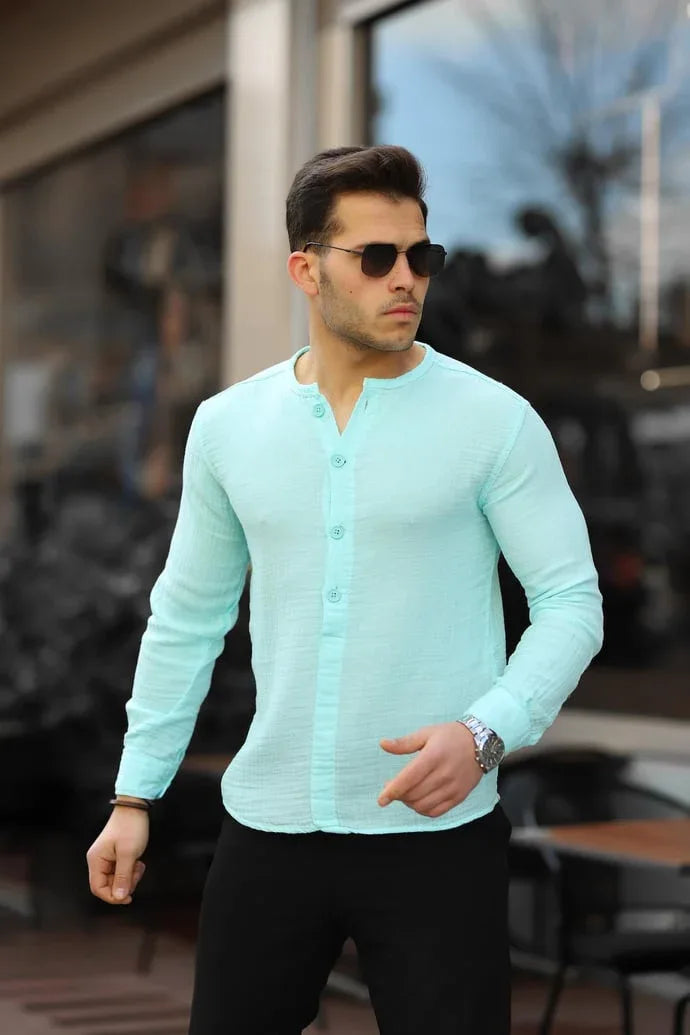 Chemise homme oversize en mousseline col mao demi-patte - Justyol