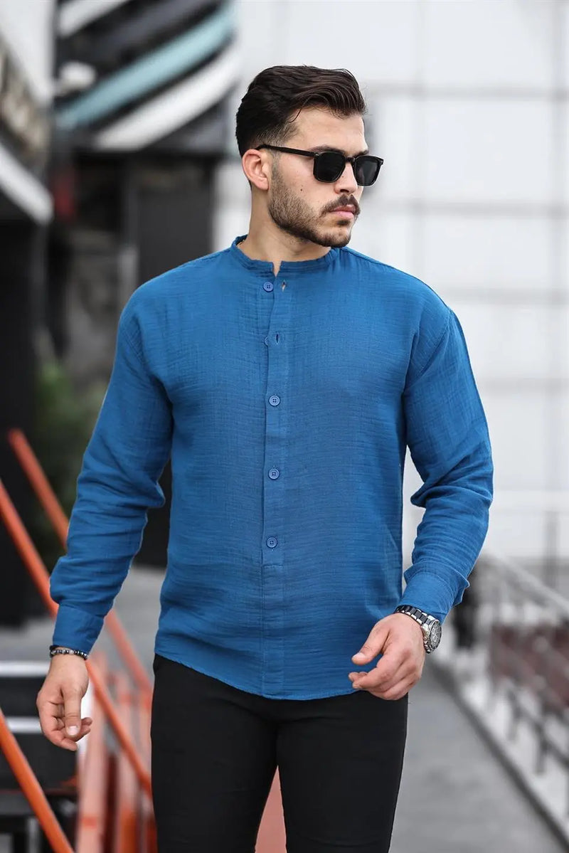 Chemise homme oversize en mousseline col mao demi-patte